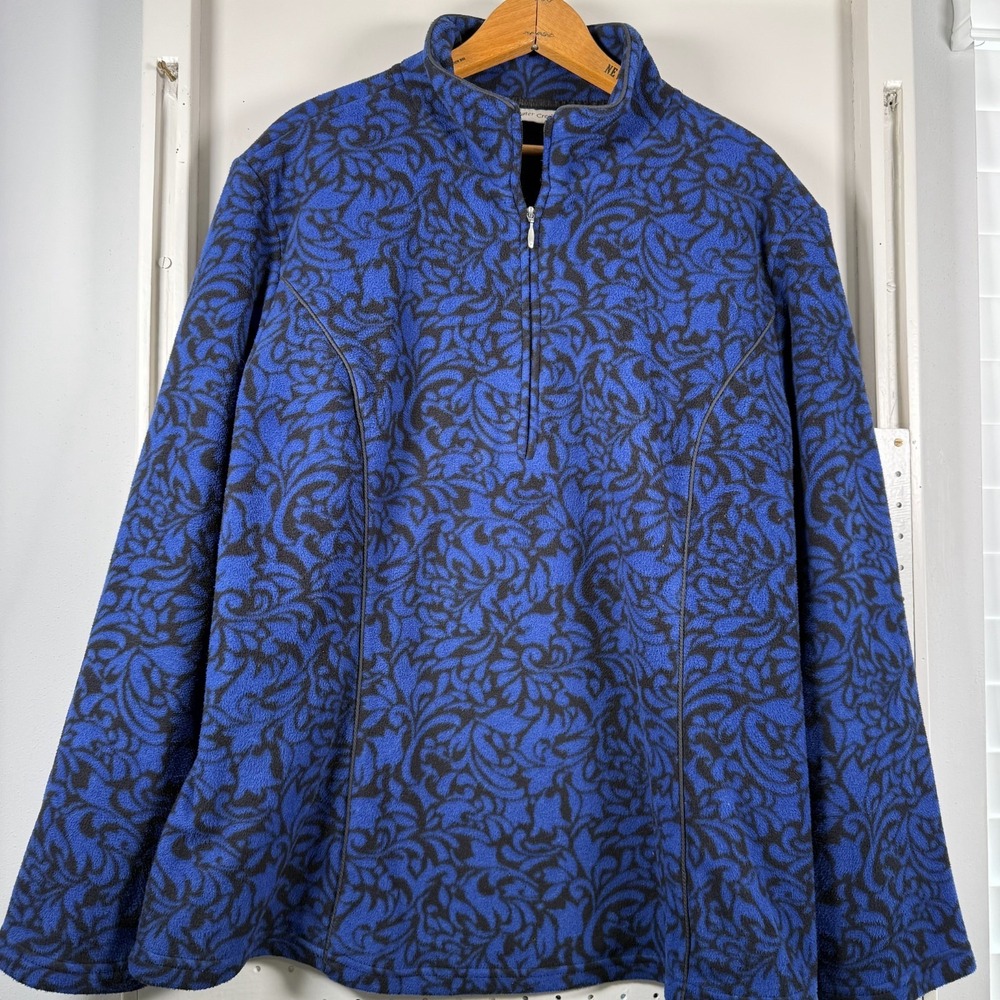 Coldwater Creek Sweater Womens XL 18 Blue Floral Fleece 1/4 Zip Grandma Pullover